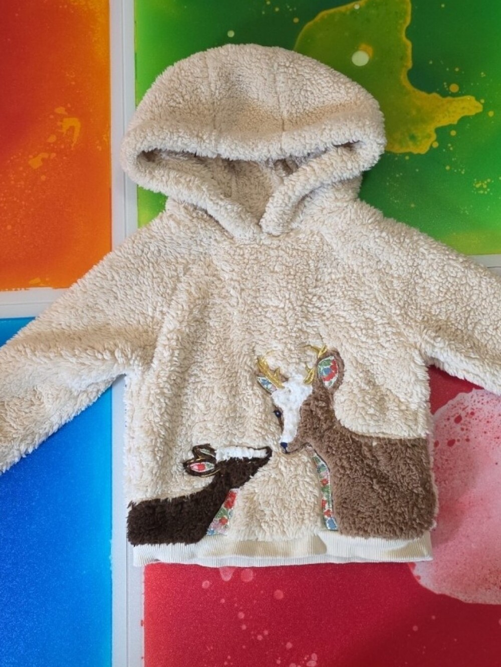 Mini Boden 3-4 Christmas Reindeer 3t 4t Cozy Sherpa Hoodie Sweatshirt